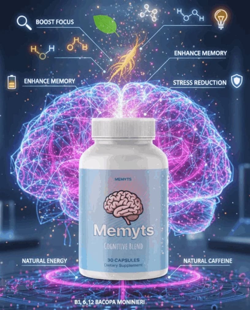 Memyts bottle illustrated with brain wellness themes including focus, memory and natural energy