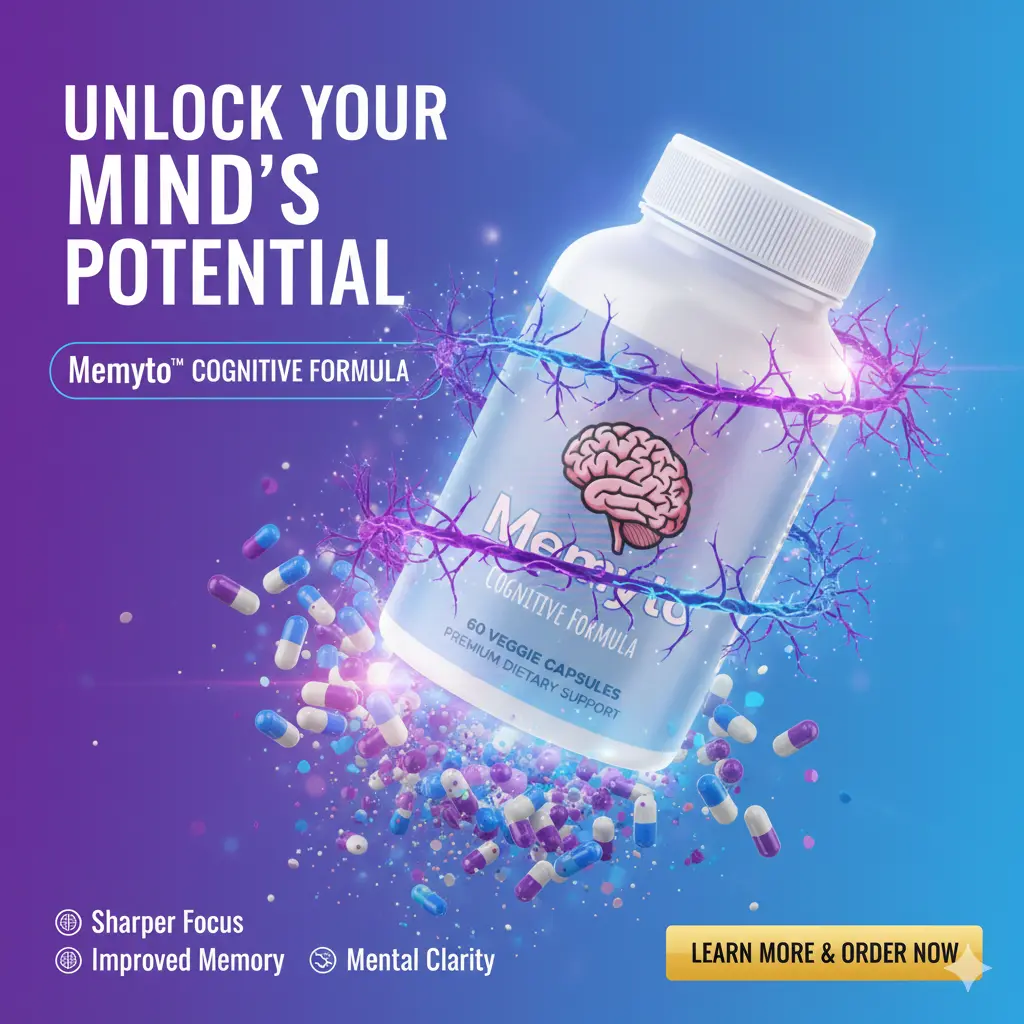 Memyts cognitive formula promotional visual with brain pathways and capsules