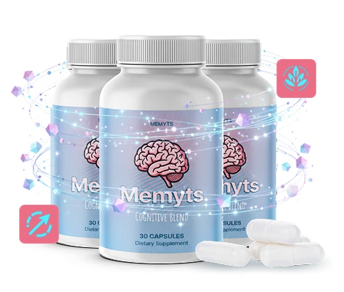 Three bottles of Memyts brain health supplement with capsules